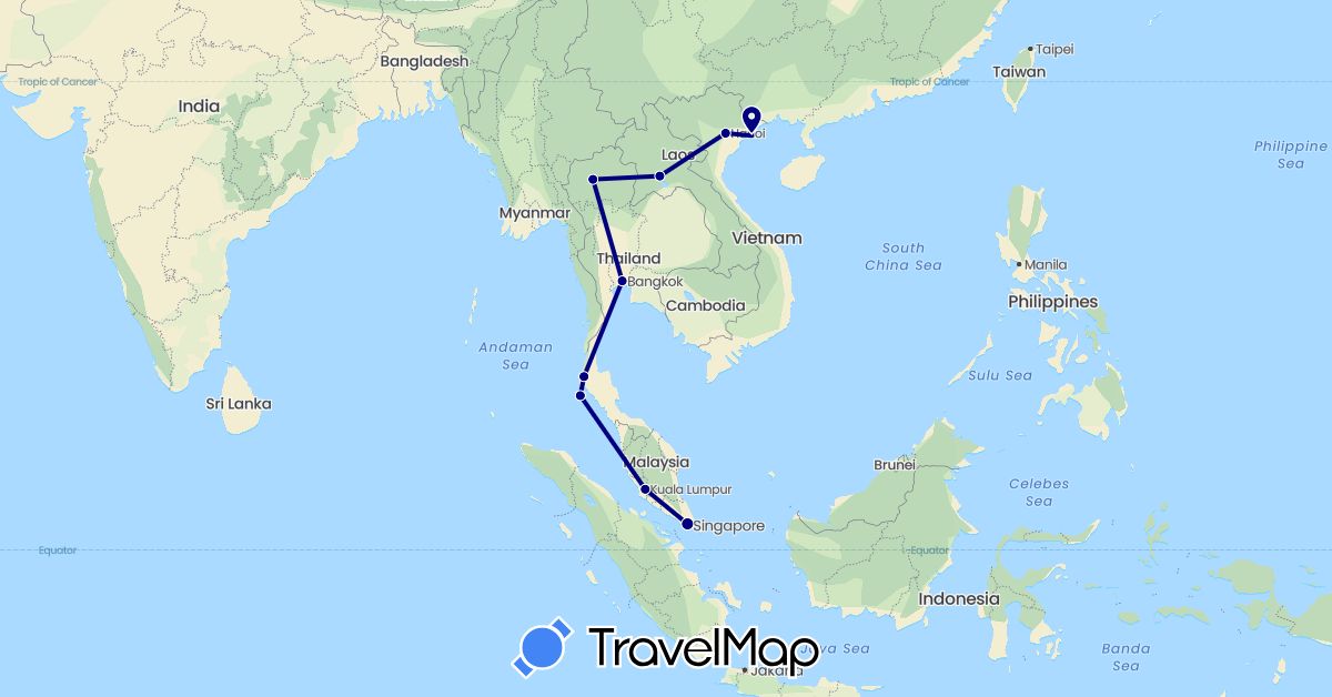 TravelMap itinerary: driving in Laos, Malaysia, Singapore, Thailand, Vietnam (Asia)
